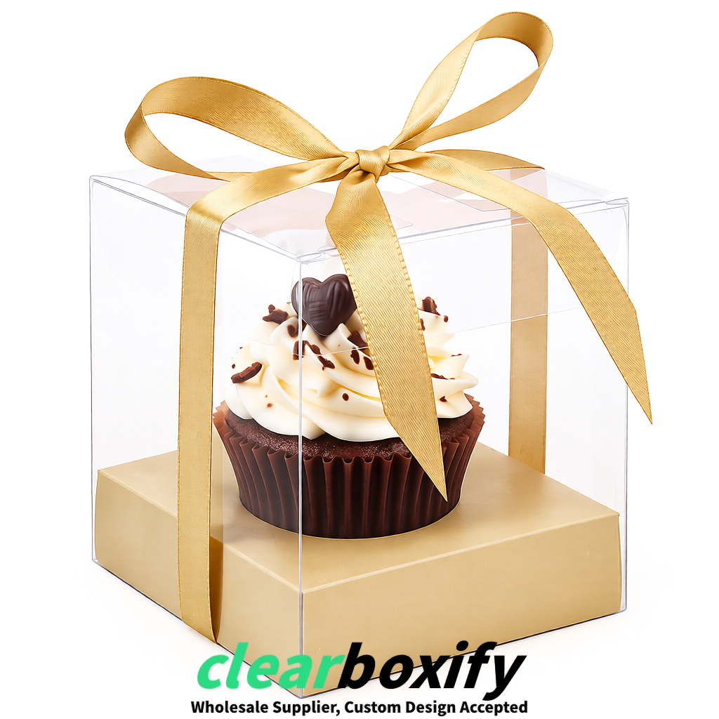 Clear Individual Cupcake Boxes with Champagne Base Square 3.5 inch Plastic Cupcake Carrier with Ribbon