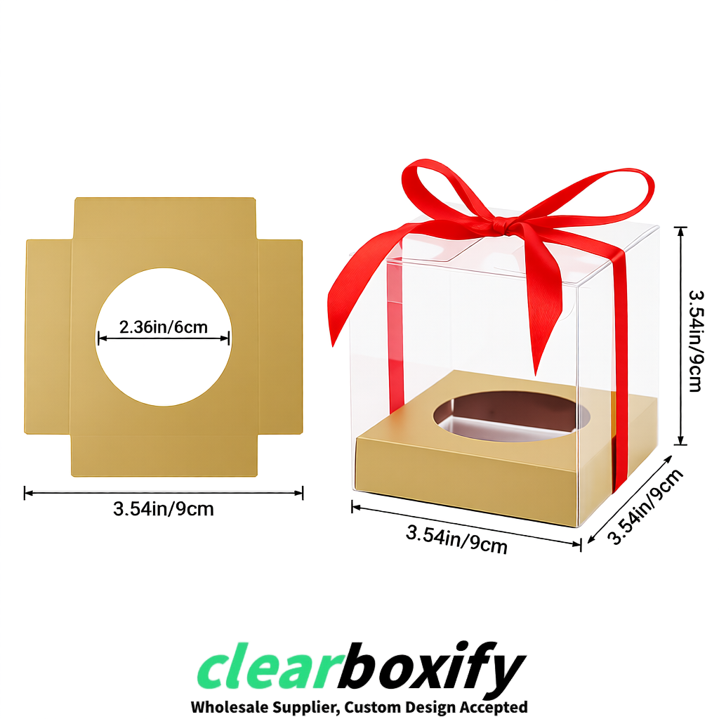 Clear Individual Cupcake Boxes with Champagne Base Square 3.5 inch Plastic Cupcake Carrier with Ribbon