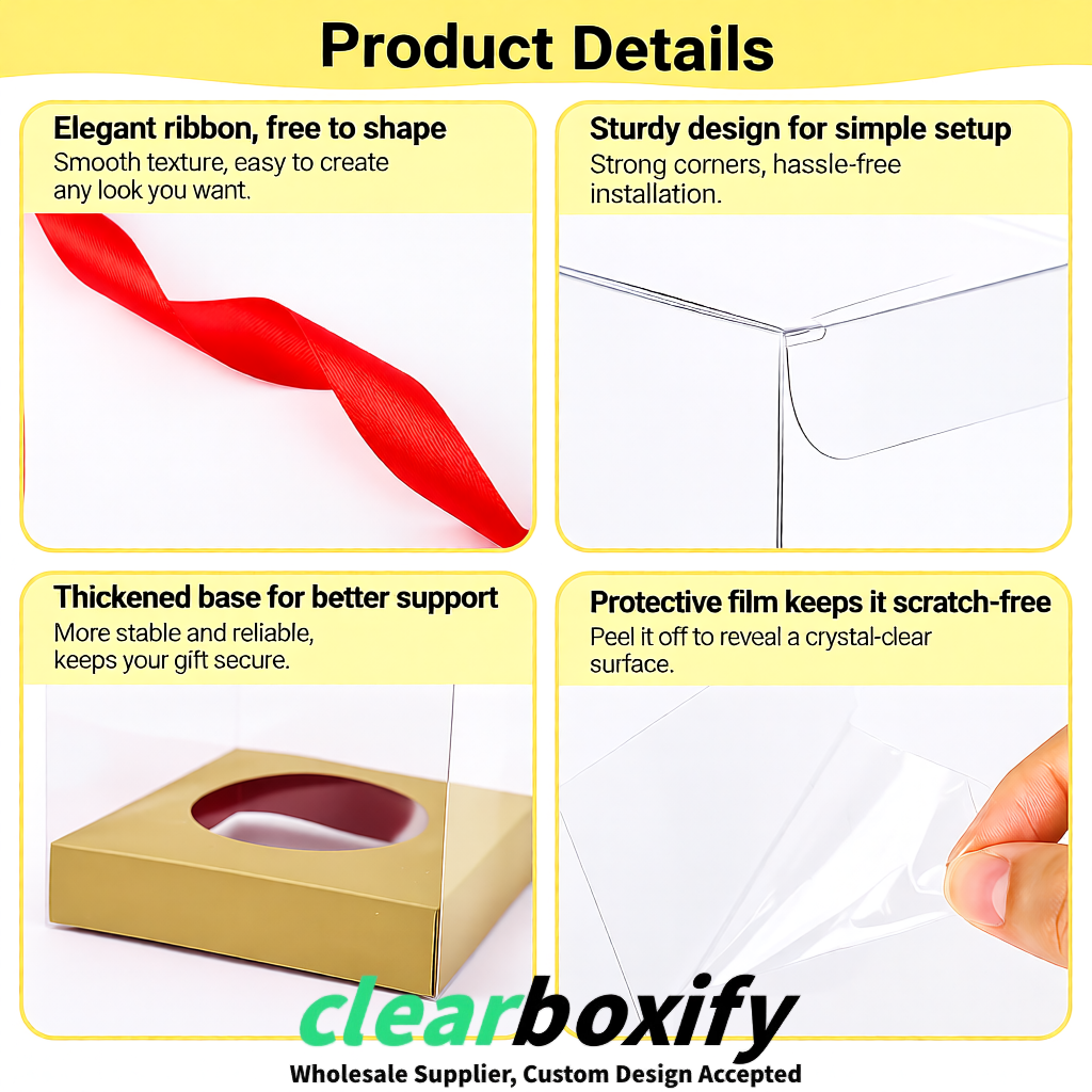 Clear Individual Cupcake Boxes with Champagne Base Square 3.5 inch Plastic Cupcake Carrier with Ribbon