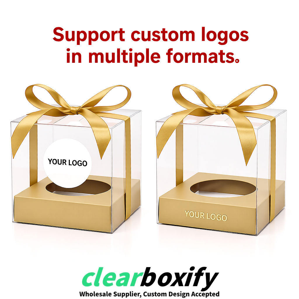 Clear Individual Cupcake Boxes with Champagne Base Square 3.5 inch Plastic Cupcake Carrier with Ribbon