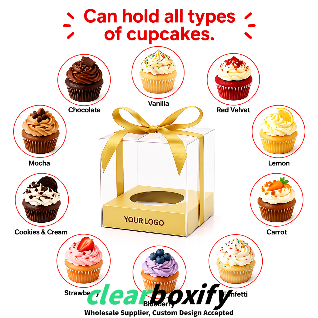 Clear Individual Cupcake Boxes with Champagne Base Square 3.5 inch Plastic Cupcake Carrier with Ribbon