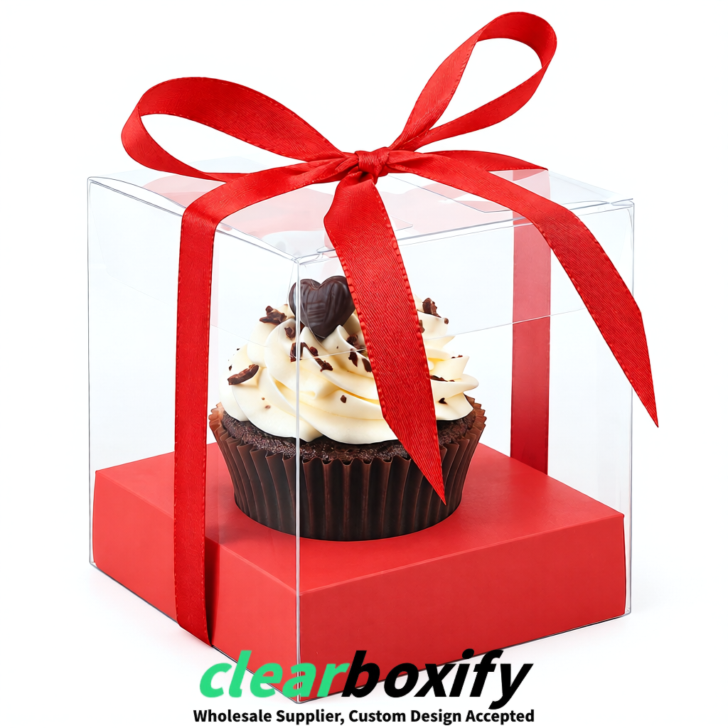Clear Individual Cupcake Boxes with Coral Base Square 3.5 inch Plastic Cupcake Carrier with Ribbon