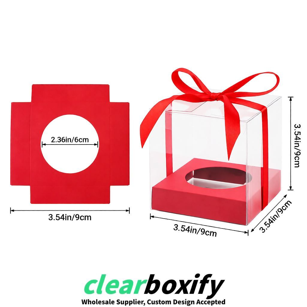 Clear Individual Cupcake Boxes with Coral Base Square 3.5 inch Plastic Cupcake Carrier with Ribbon