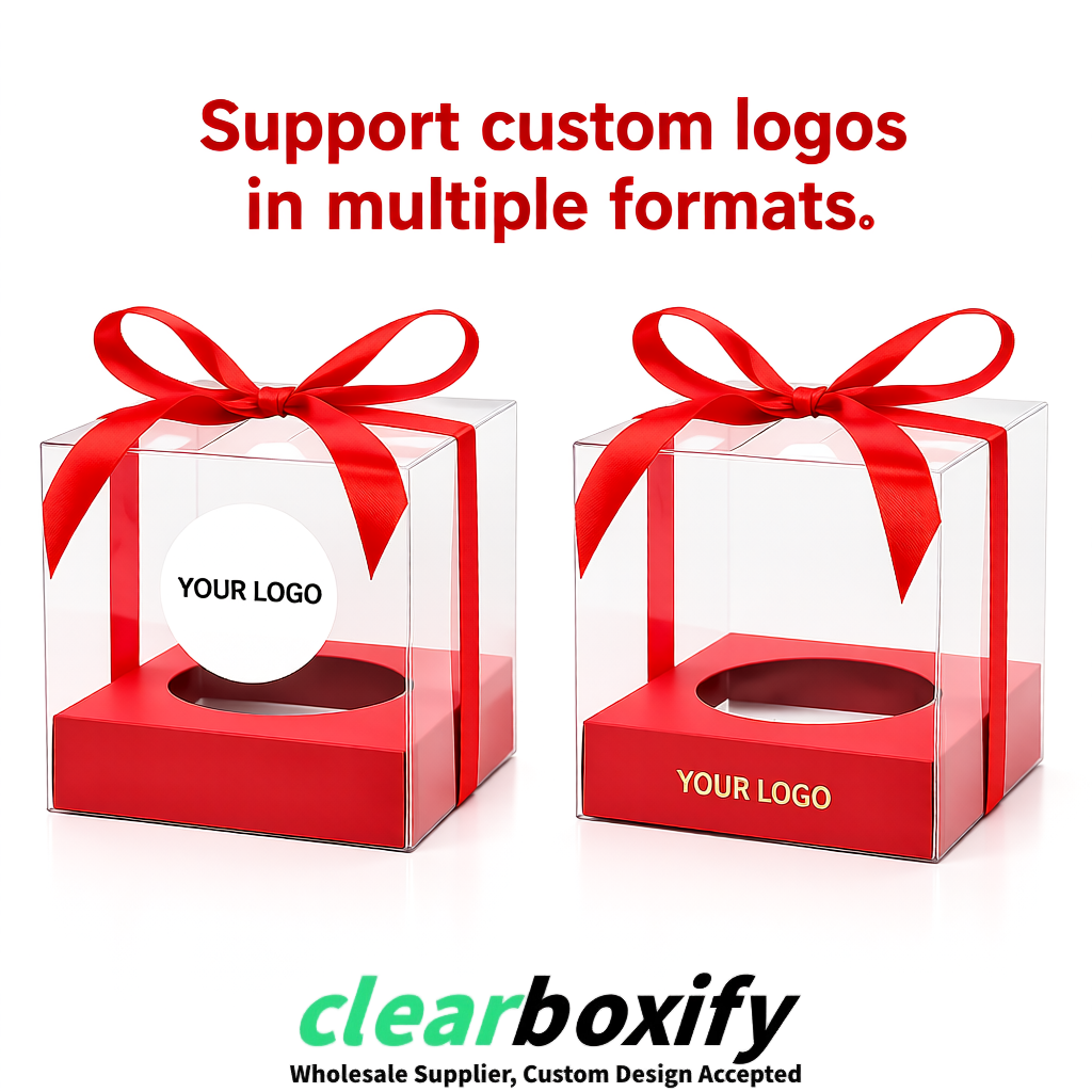 Clear Individual Cupcake Boxes with Coral Base Square 3.5 inch Plastic Cupcake Carrier with Ribbon