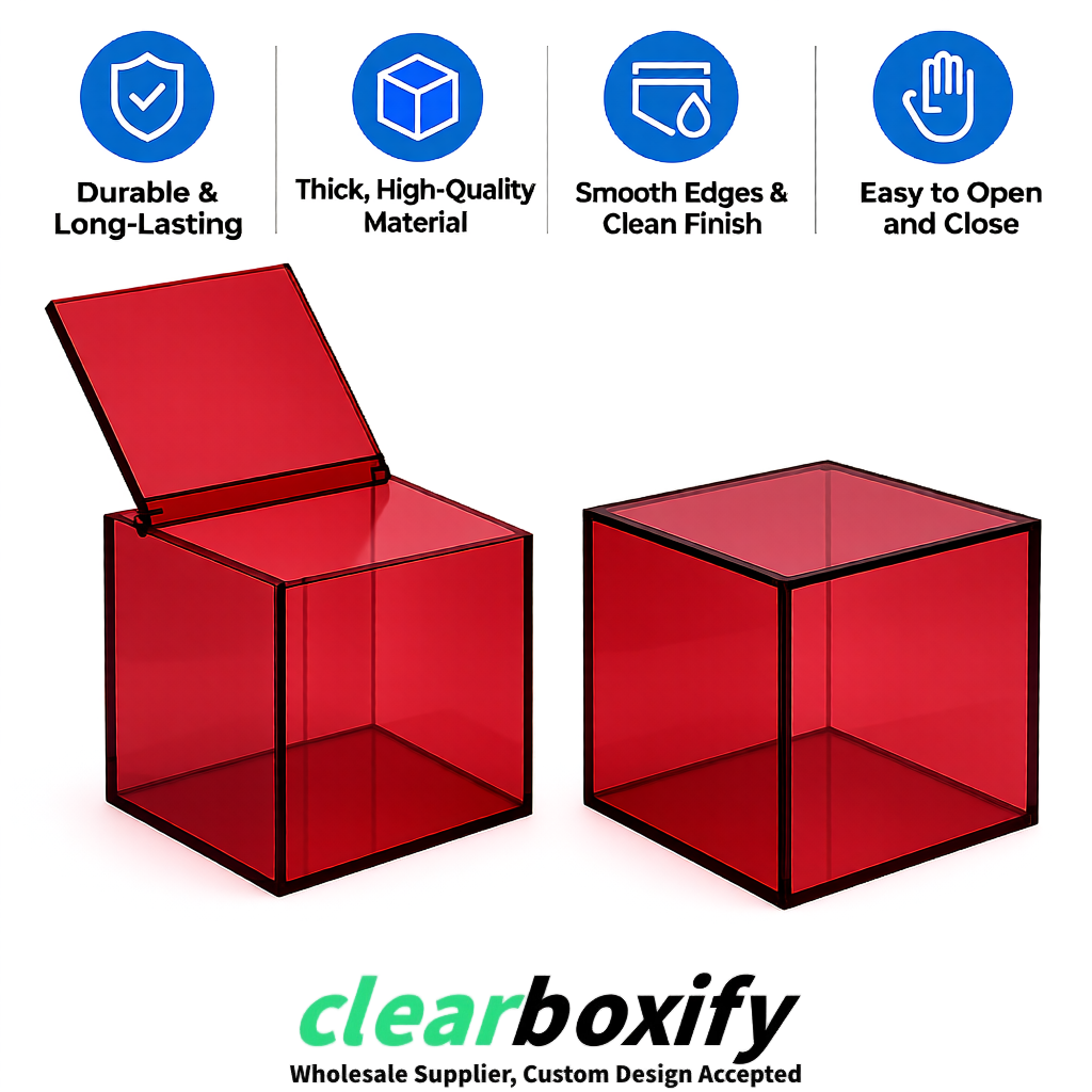 Crimson Clear Acrylic Square Boxes With Lid 5x5x5 inch Anti Dust Durable Storage Box
