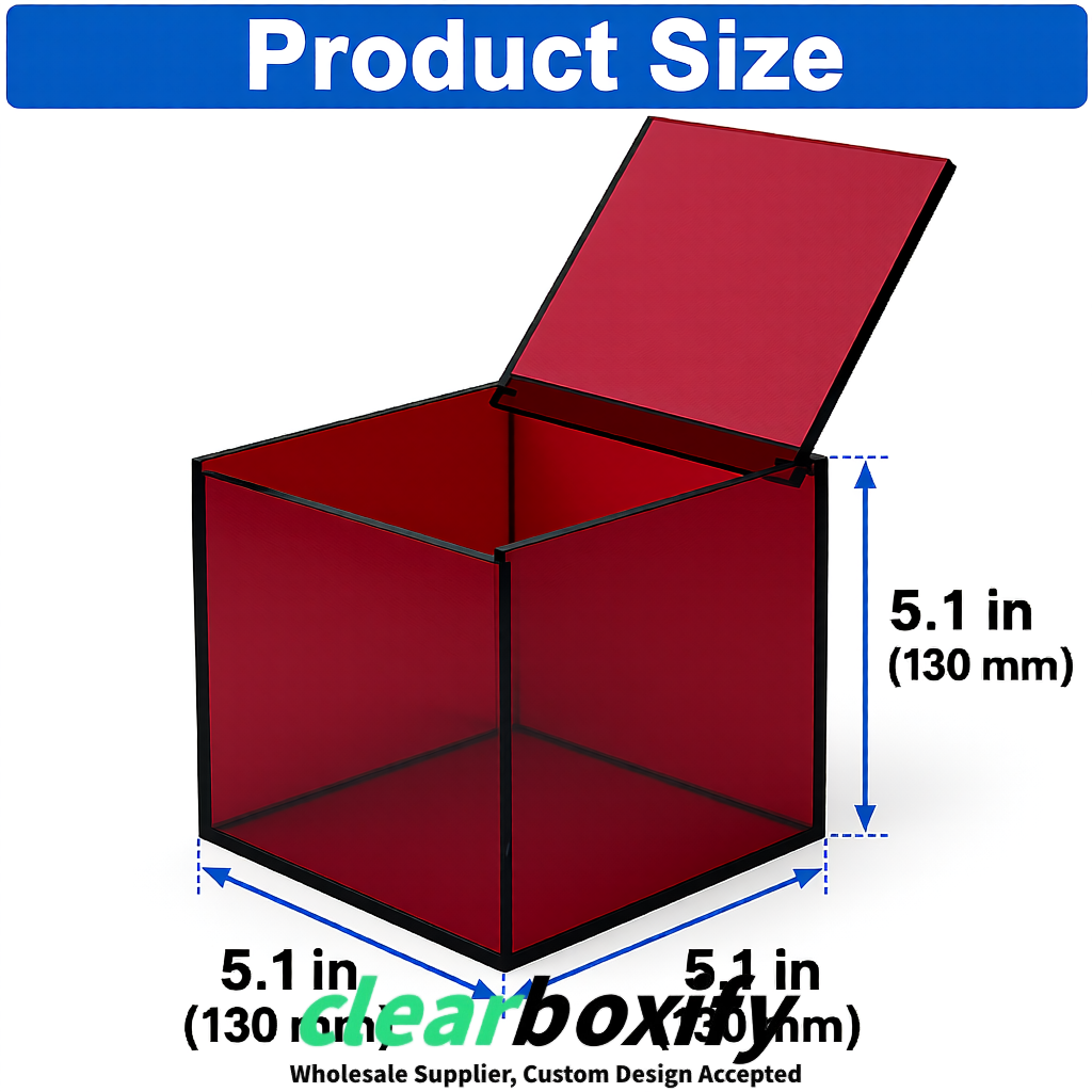 Crimson Clear Acrylic Square Boxes With Lid 5x5x5 inch Anti Dust Durable Storage Box