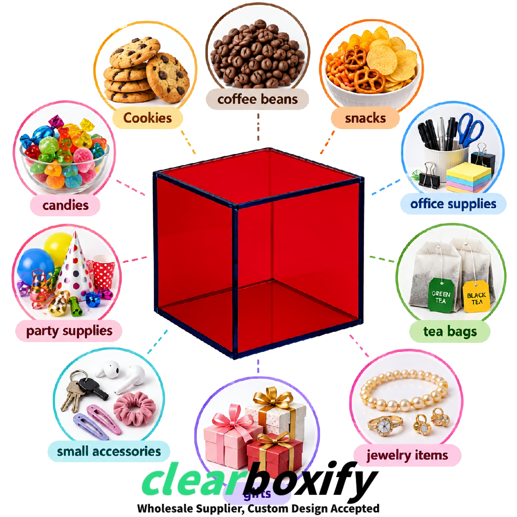 Crimson Clear Acrylic Square Boxes With Lid 5x5x5 inch Anti Dust Durable Storage Box