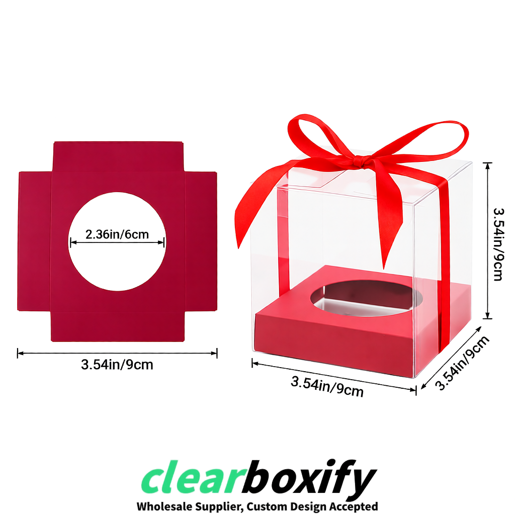 Clear Individual Cupcake Boxes with Crimson Base Square 3.5 inch Plastic Cupcake Carrier with Ribbon