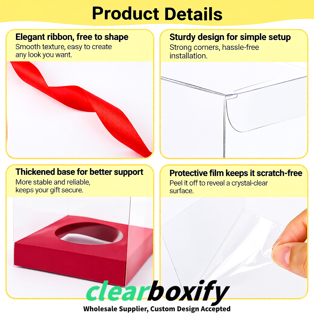 Clear Individual Cupcake Boxes with Crimson Base Square 3.5 inch Plastic Cupcake Carrier with Ribbon Clear Individual Cupcake Boxes with Crimson Base Square 3.5 inch Plastic Cupcake Carrier with Ribbon