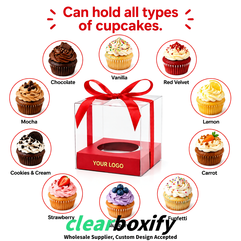 Clear Individual Cupcake Boxes with Crimson Base Square 3.5 inch Plastic Cupcake Carrier with Ribbon
