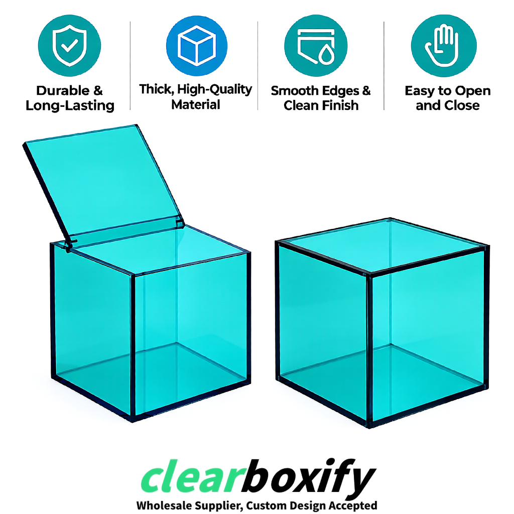 Cyan Clear Acrylic Square Boxes With Lid 5x5x5 inch Anti Dust Durable Storage Box