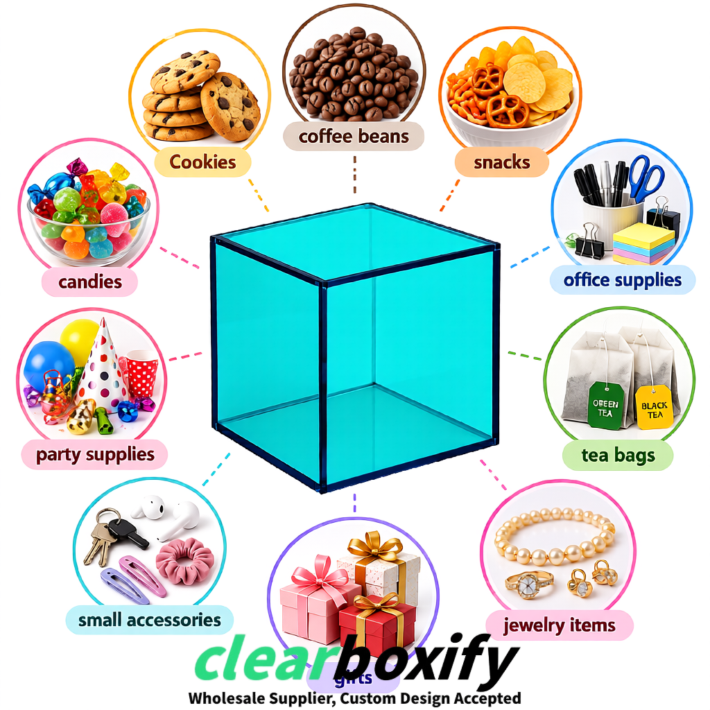 Cyan Clear Acrylic Square Boxes With Lid 5x5x5 inch Anti Dust Durable Storage Box