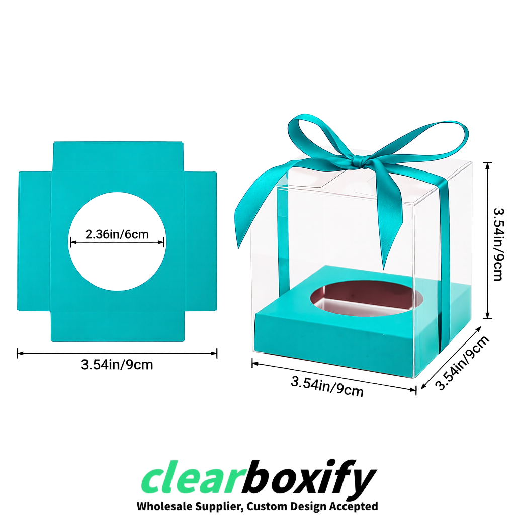 Clear Individual Cupcake Boxes with Cyan Base Square 3.5 inch Plastic Cupcake Carrier with Ribbon