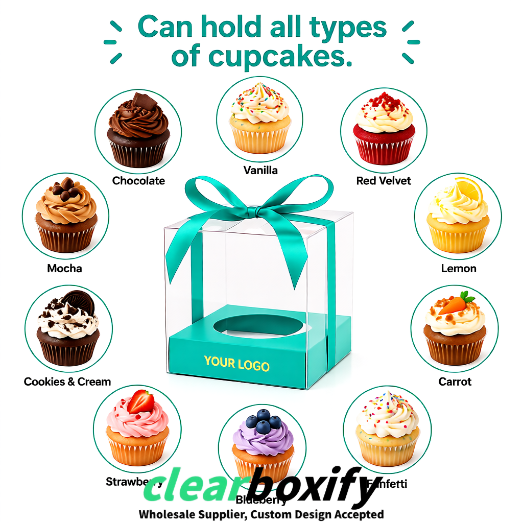 Clear Individual Cupcake Boxes with Cyan Base Square 3.5 inch Plastic Cupcake Carrier with Ribbon