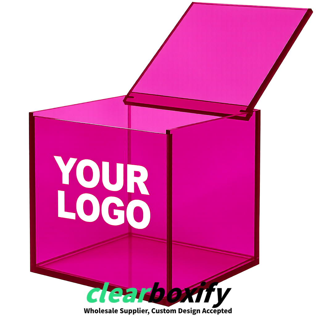 Fuchsia Clear Acrylic Square Boxes With Lid 5x5x5 inch Anti Dust Durable Storage Box
