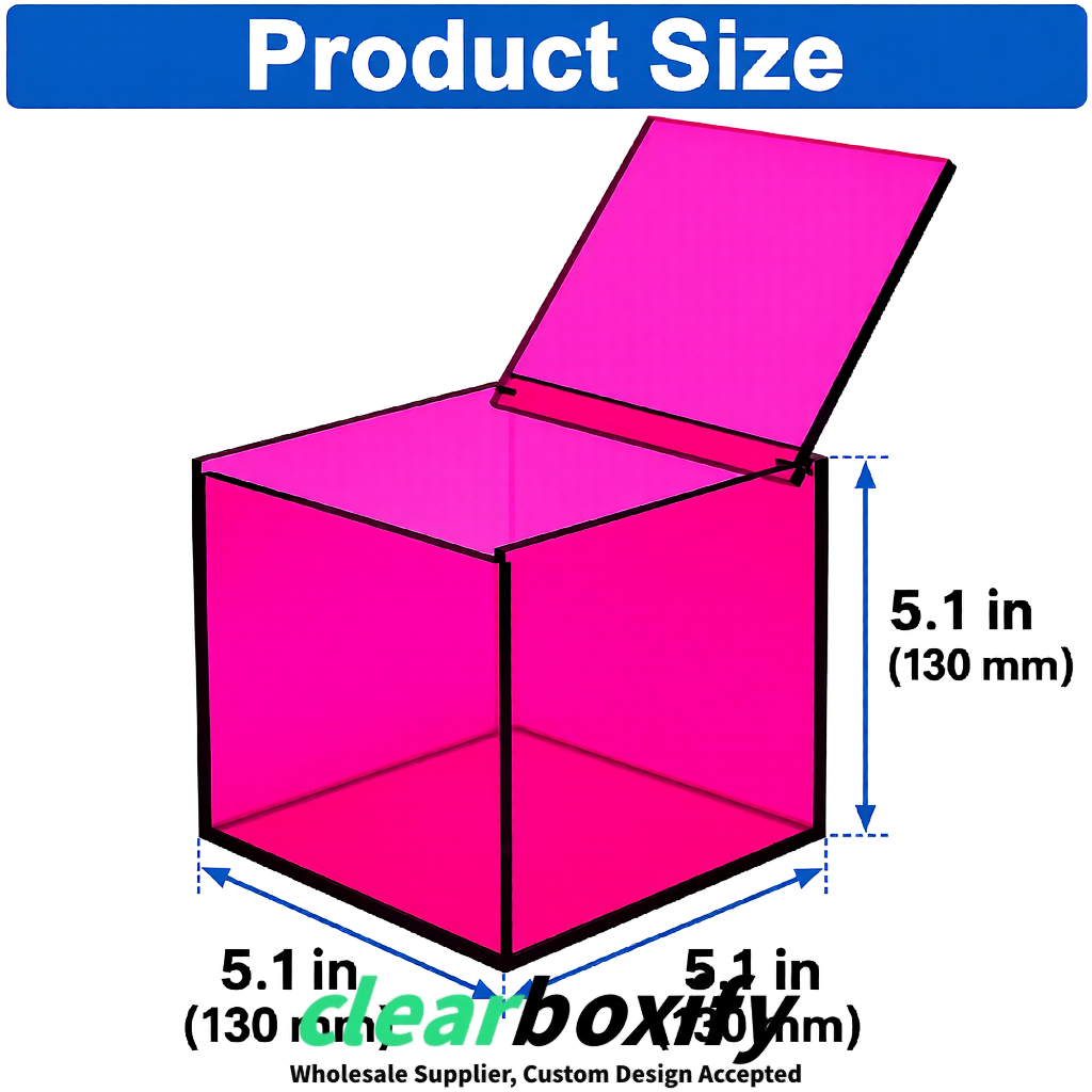 Fuchsia Clear Acrylic Square Boxes With Lid 5x5x5 inch Anti Dust Durable Storage Box