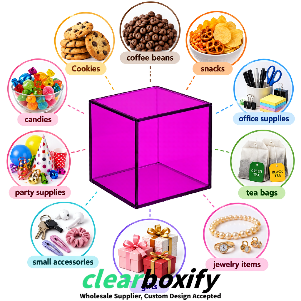 Fuchsia Clear Acrylic Square Boxes With Lid 5x5x5 inch Anti Dust Durable Storage Box