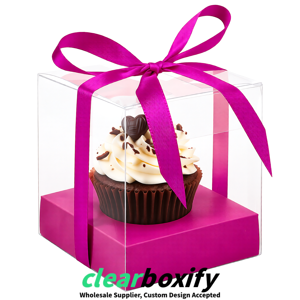 Clear Individual Cupcake Boxes with Fuchsia Base Square 3.5 inch Plastic Cupcake Carrier with Ribbon