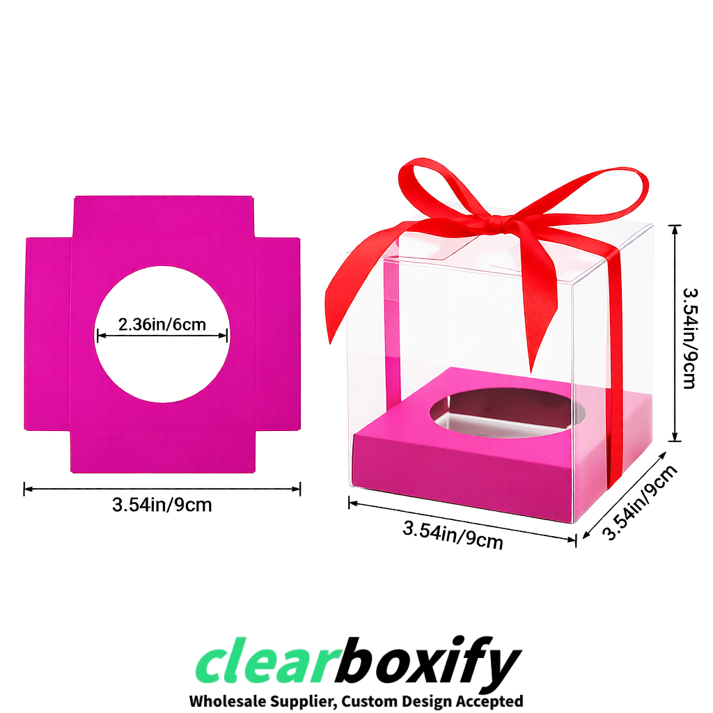 Clear Individual Cupcake Boxes with Fuchsia Base Square 3.5 inch Plastic Cupcake Carrier with Ribbon