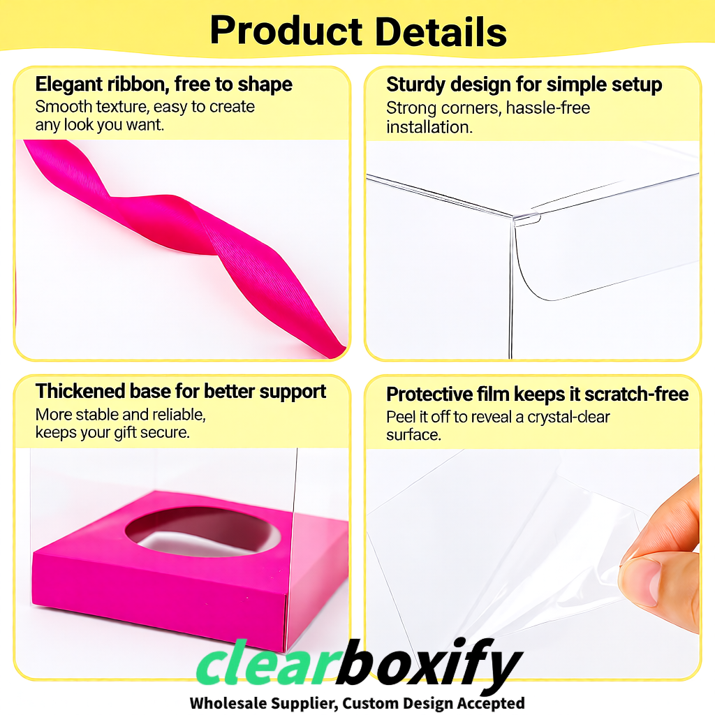 Clear Individual Cupcake Boxes with Fuchsia Base Square 3.5 inch Plastic Cupcake Carrier with Ribbon Clear Individual Cupcake Boxes with Fuchsia Base Square 3.5 inch Plastic Cupcake Carrier with Ribbon
