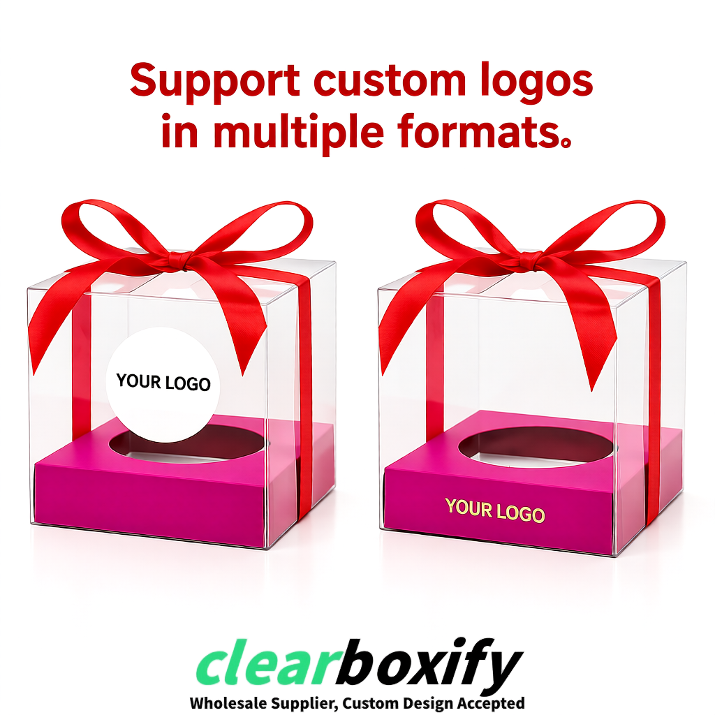 Clear Individual Cupcake Boxes with Fuchsia Base Square 3.5 inch Plastic Cupcake Carrier with Ribbon