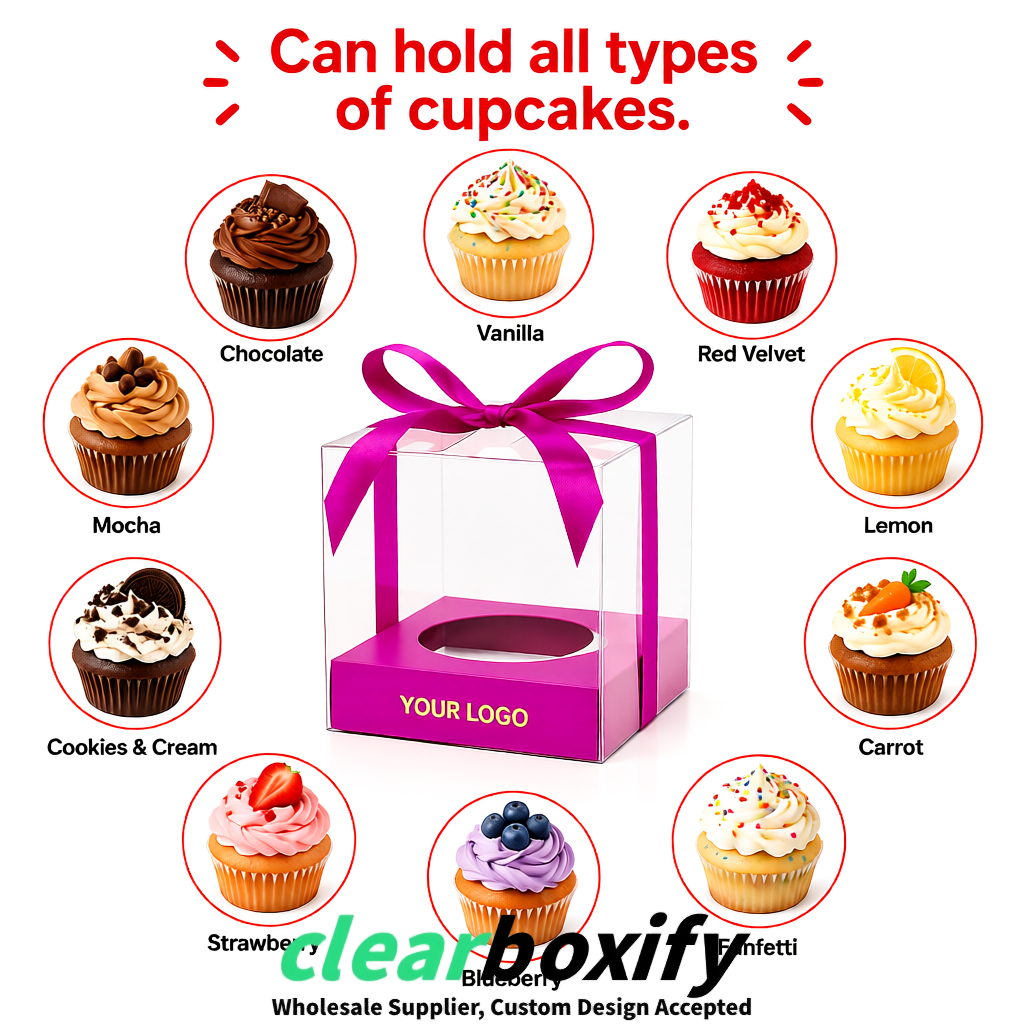 Clear Individual Cupcake Boxes with Fuchsia Base Square 3.5 inch Plastic Cupcake Carrier with Ribbon