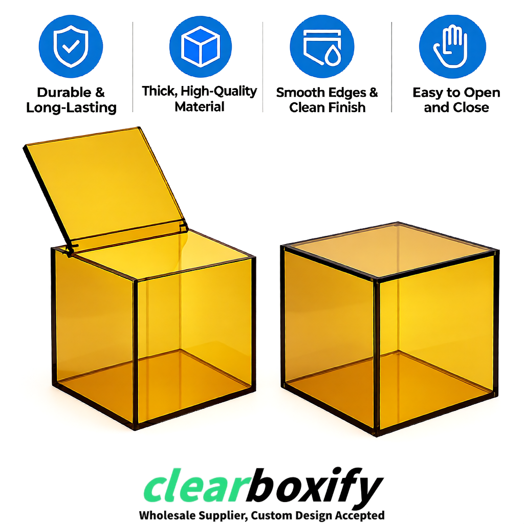 Gold Clear Acrylic Square Boxes With Lid 5x5x5 inch Anti Dust Durable Storage Box