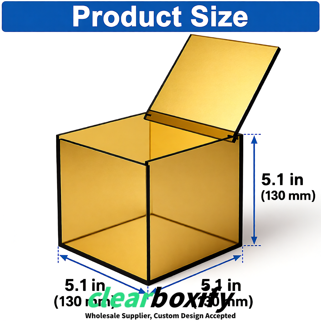 Gold Clear Acrylic Square Boxes With Lid 5x5x5 inch Anti Dust Durable Storage Box