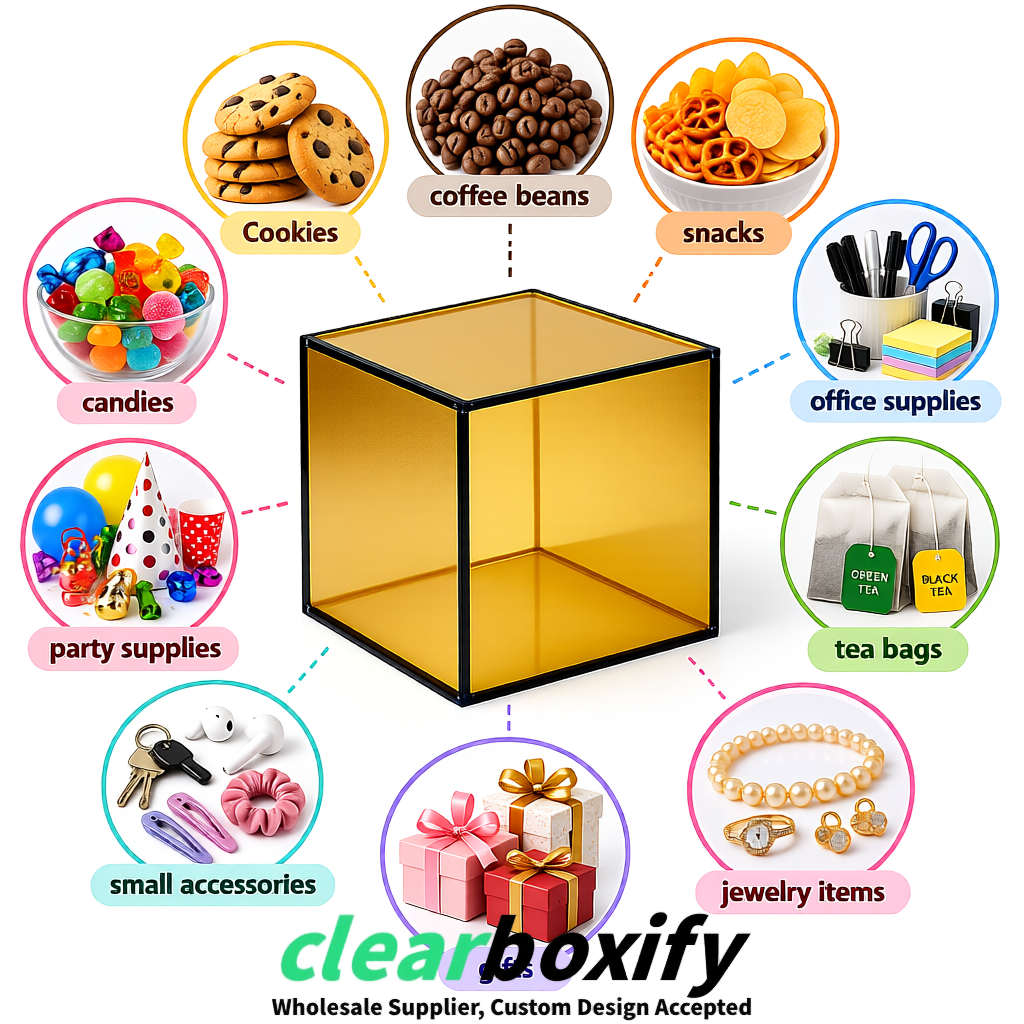 Gold Clear Acrylic Square Boxes With Lid 5x5x5 inch Anti Dust Durable Storage Box