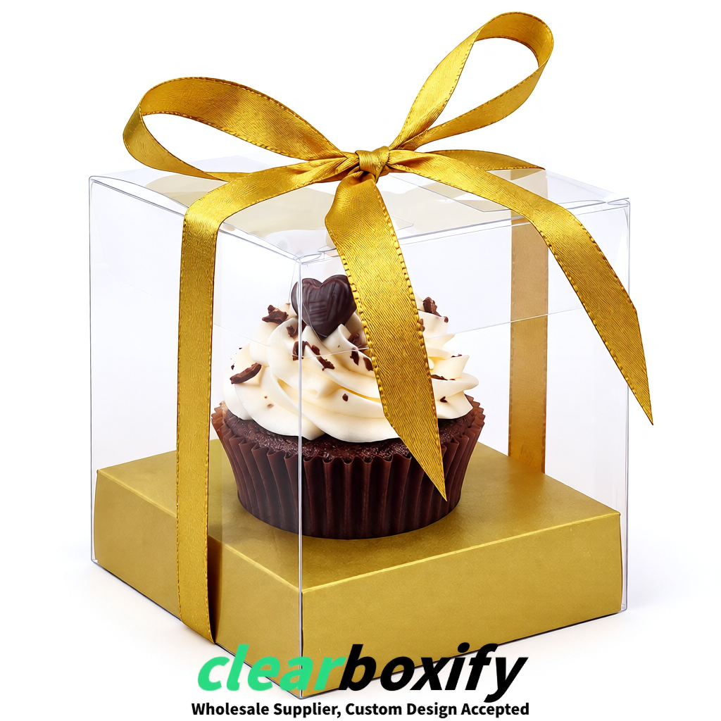 Clear Individual Cupcake Boxes with Gold Base Square 3.5 inch Plastic Cupcake Carrier with Ribbon
