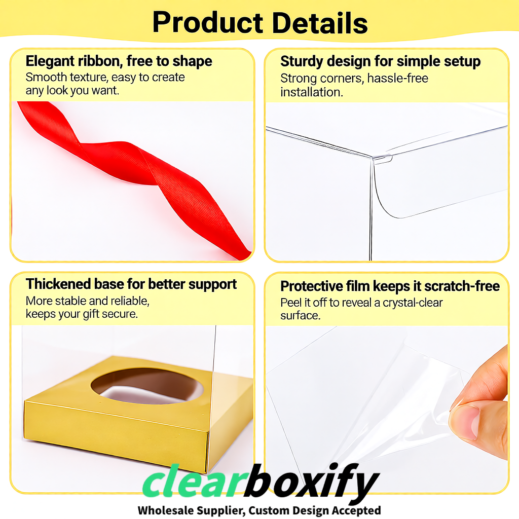 Clear Individual Cupcake Boxes with Gold Base Square 3.5 inch Plastic Cupcake Carrier with Ribbon