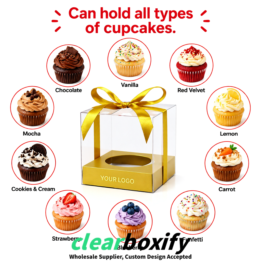 Clear Individual Cupcake Boxes with Gold Base Square 3.5 inch Plastic Cupcake Carrier with Ribbon