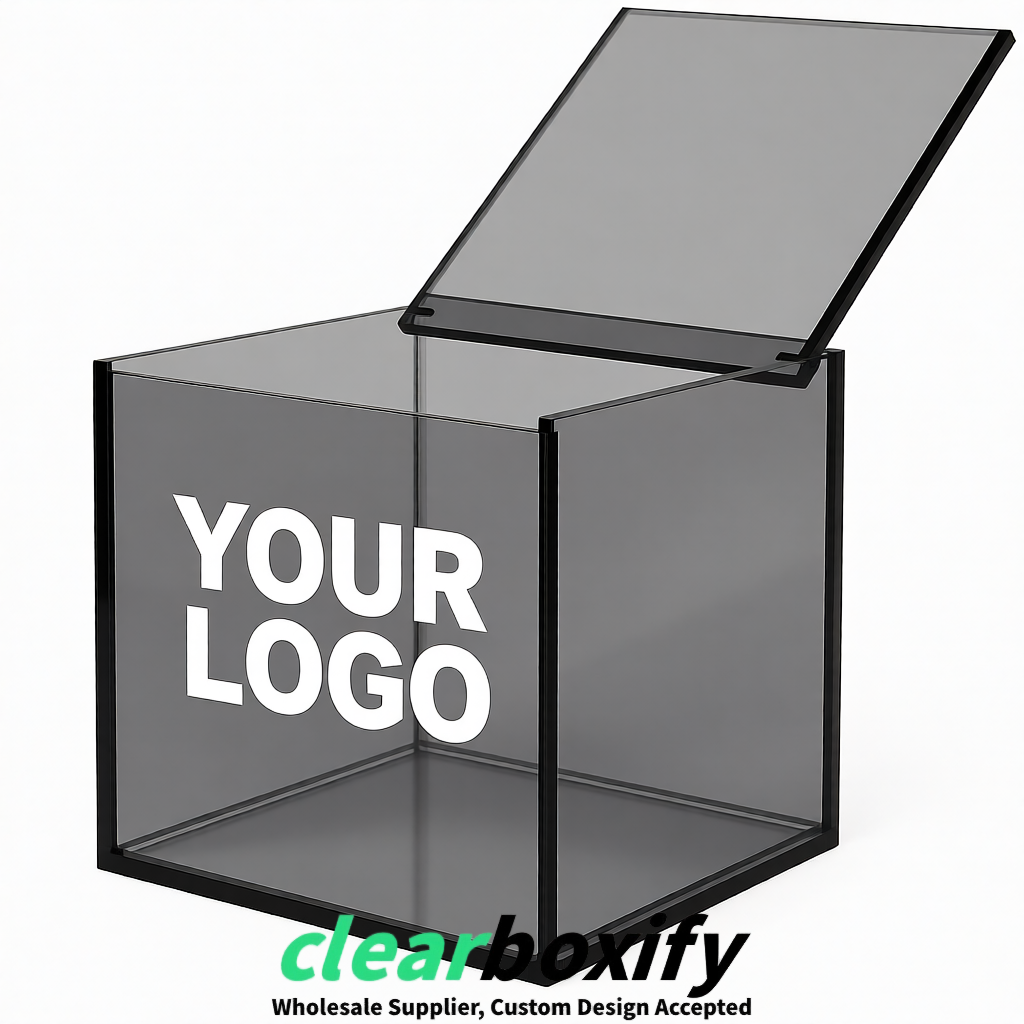 Gray Clear Acrylic Square Boxes With Lid 5x5x5 inch Anti Dust Durable Storage Box