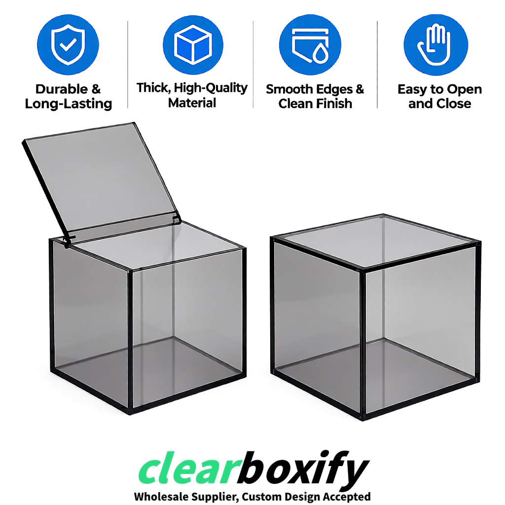 Gray Clear Acrylic Square Boxes With Lid 5x5x5 inch Anti Dust Durable Storage Box