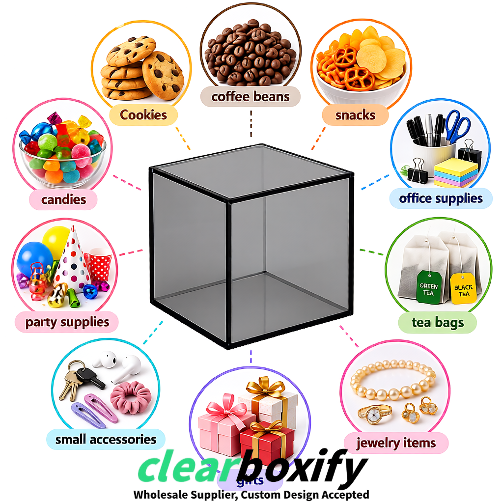 Gray Clear Acrylic Square Boxes With Lid 5x5x5 inch Anti Dust Durable Storage Box