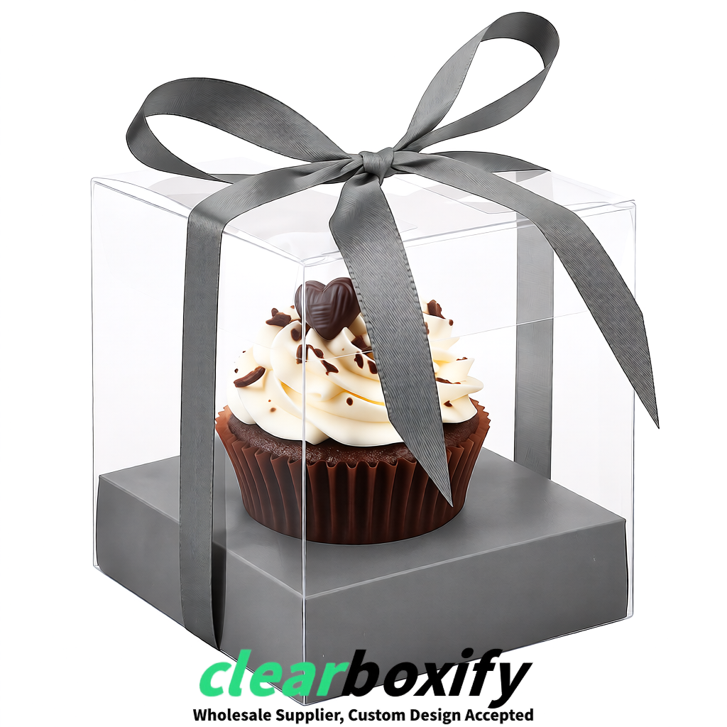 Clear Individual Cupcake Boxes with Gray Base Square 3.5 inch Plastic Cupcake Carrier with Ribbon