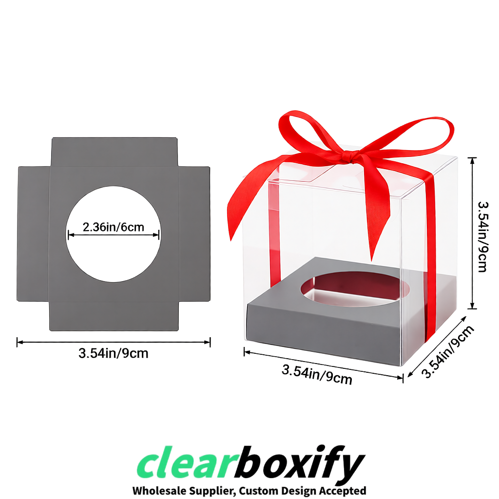 Clear Individual Cupcake Boxes with Gray Base Square 3.5 inch Plastic Cupcake Carrier with Ribbon
