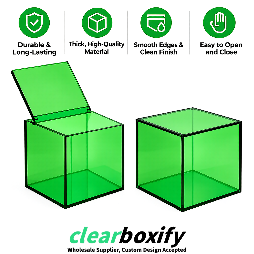 Green Clear Acrylic Square Boxes With Lid 5x5x5 inch Anti Dust Durable Storage Box