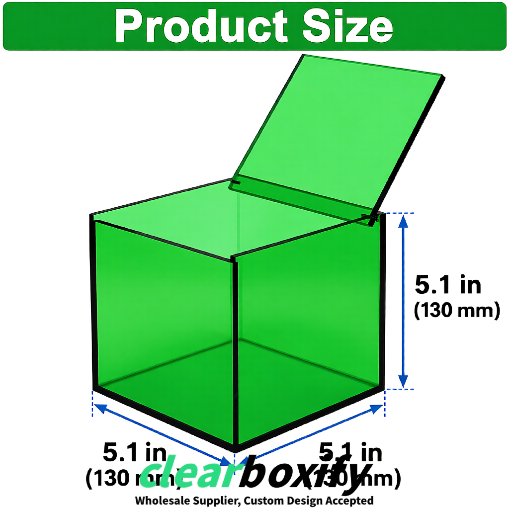 Green Clear Acrylic Square Boxes With Lid 5x5x5 inch Anti Dust Durable Storage Box