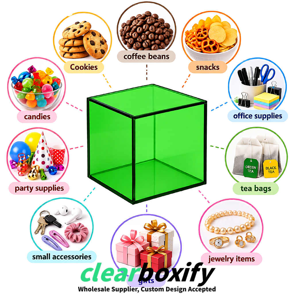 Green Clear Acrylic Square Boxes With Lid 5x5x5 inch Anti Dust Durable Storage Box