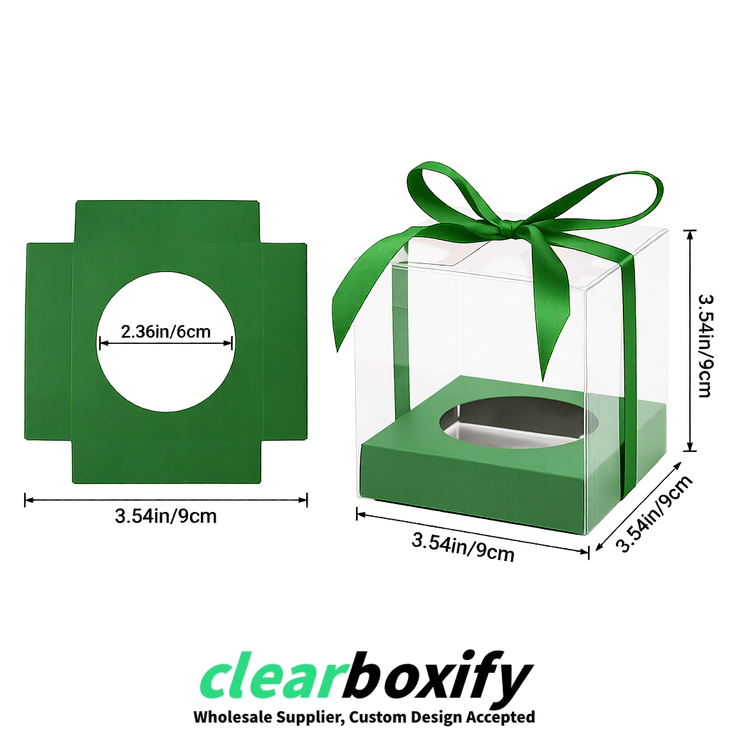 Clear Individual Cupcake Boxes with Green Base Square 3.5 inch Plastic Cupcake Carrier with Ribbon Clear Individual Cupcake Boxes with Green Base Square 3.5 inch Plastic Cupcake Carrier with Ribbon