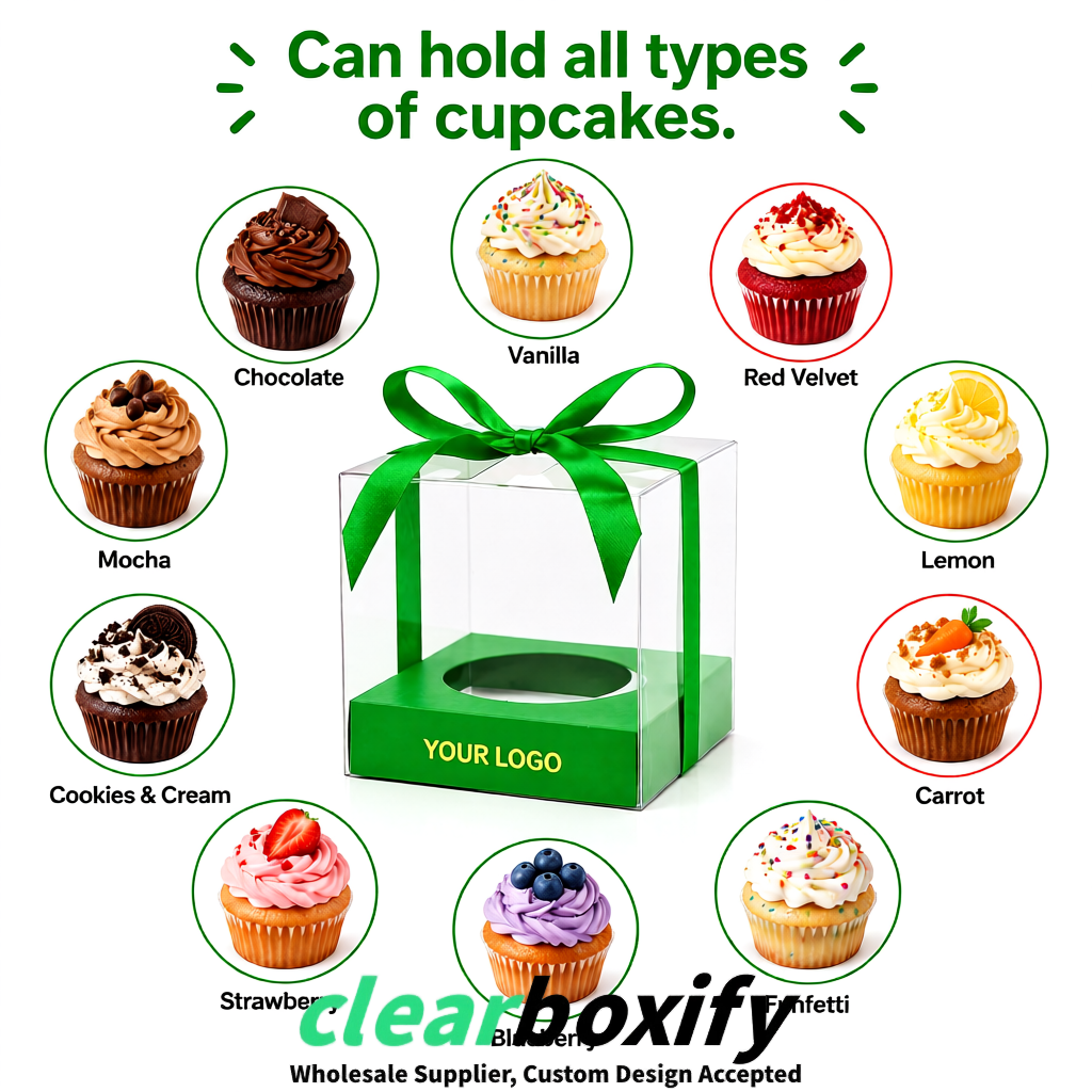 Clear Individual Cupcake Boxes with Green Base Square 3.5 inch Plastic Cupcake Carrier with Ribbon