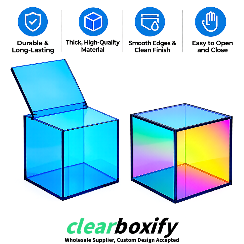 Holographic Clear Acrylic Square Boxes With Lid 5x5x5 inch Anti Dust Durable Storage Box
