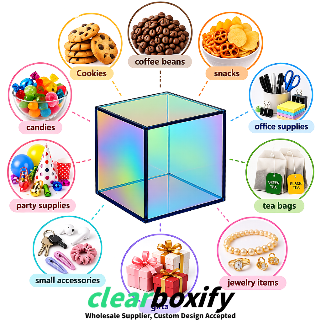Holographic Clear Acrylic Square Boxes With Lid 5x5x5 inch Anti Dust Durable Storage Box