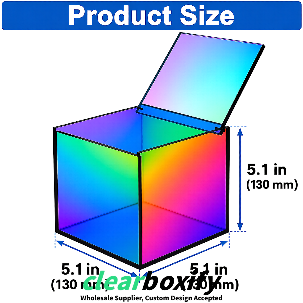 Holographic Clear Acrylic Square Boxes With Lid 5x5x5 inch Anti Dust Durable Storage Box