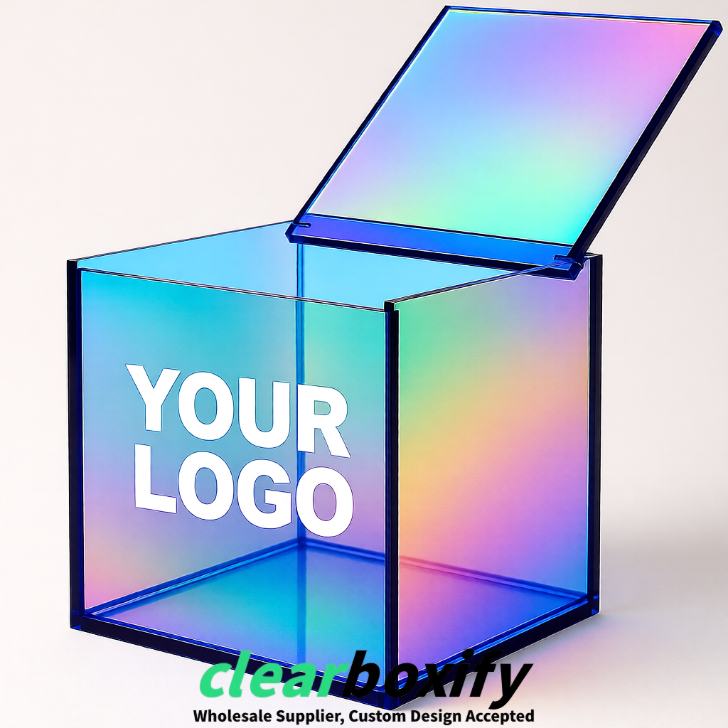Holographic Clear Acrylic Square Boxes With Lid 5x5x5 inch Anti Dust Durable Storage Box