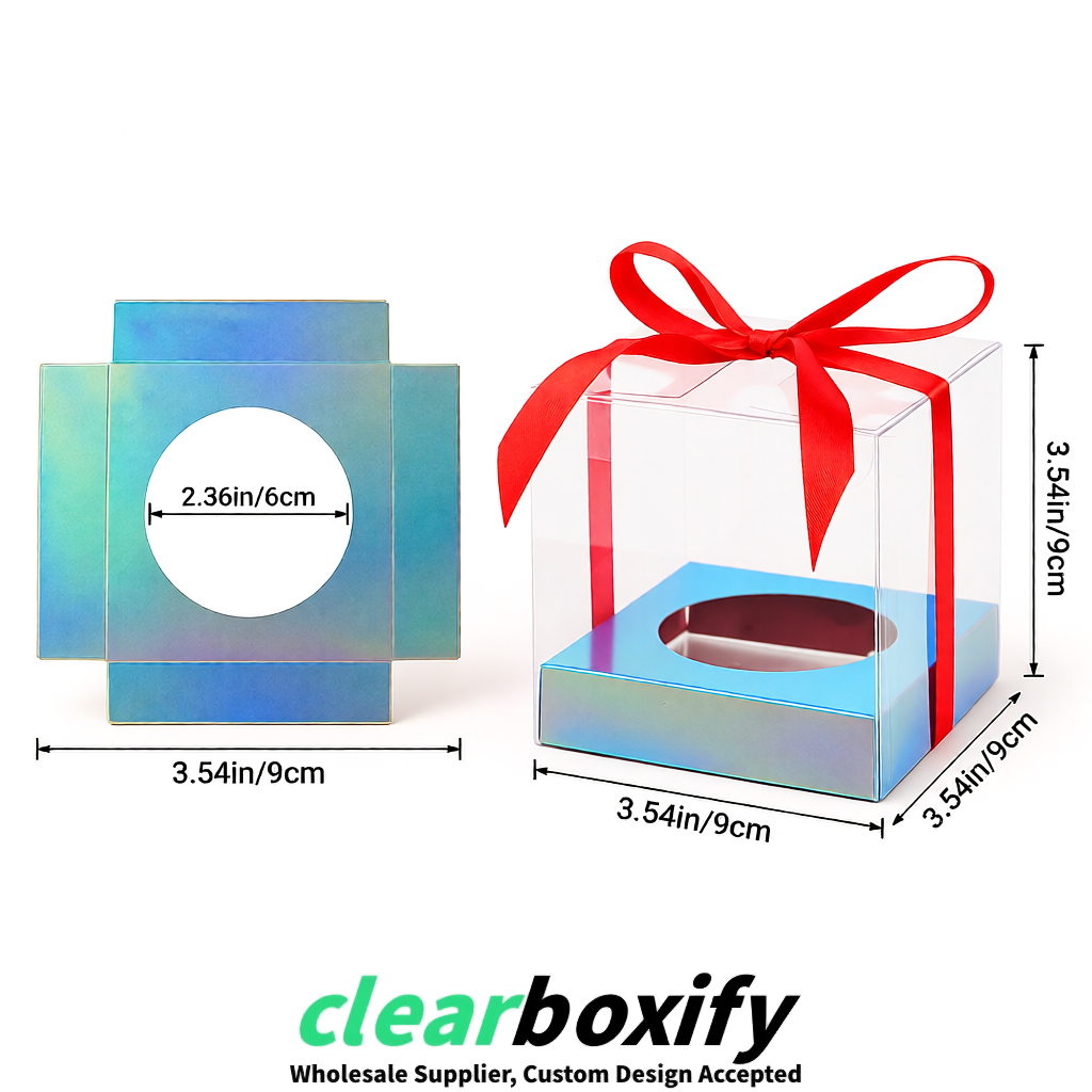 Clear Individual Cupcake Boxes with Holographic Base Square 3.5 inch Plastic Cupcake Carrier with Ribbon