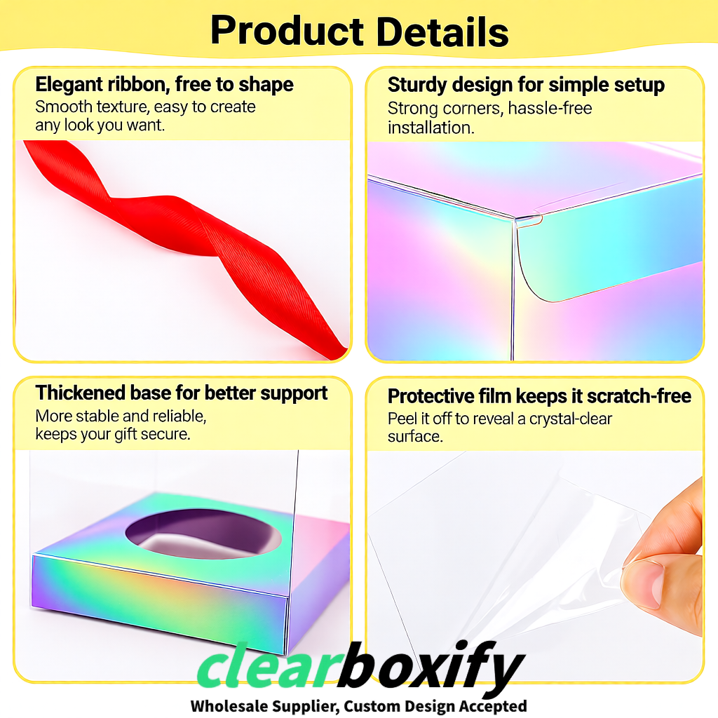 Clear Individual Cupcake Boxes with Holographic Base Square 3.5 inch Plastic Cupcake Carrier with Ribbon