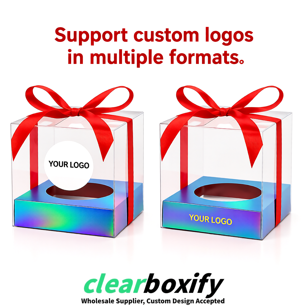 Clear Individual Cupcake Boxes with Holographic Base Square 3.5 inch Plastic Cupcake Carrier with Ribbon