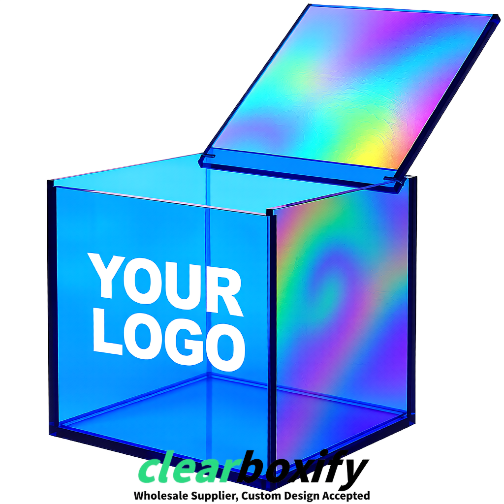 Iridescent Clear Acrylic Square Boxes With Lid 5x5x5 inch Anti Dust Durable Storage Box
